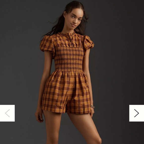 Maeve Pants - Maeve Orange and Brown Plaid Smocked Romper